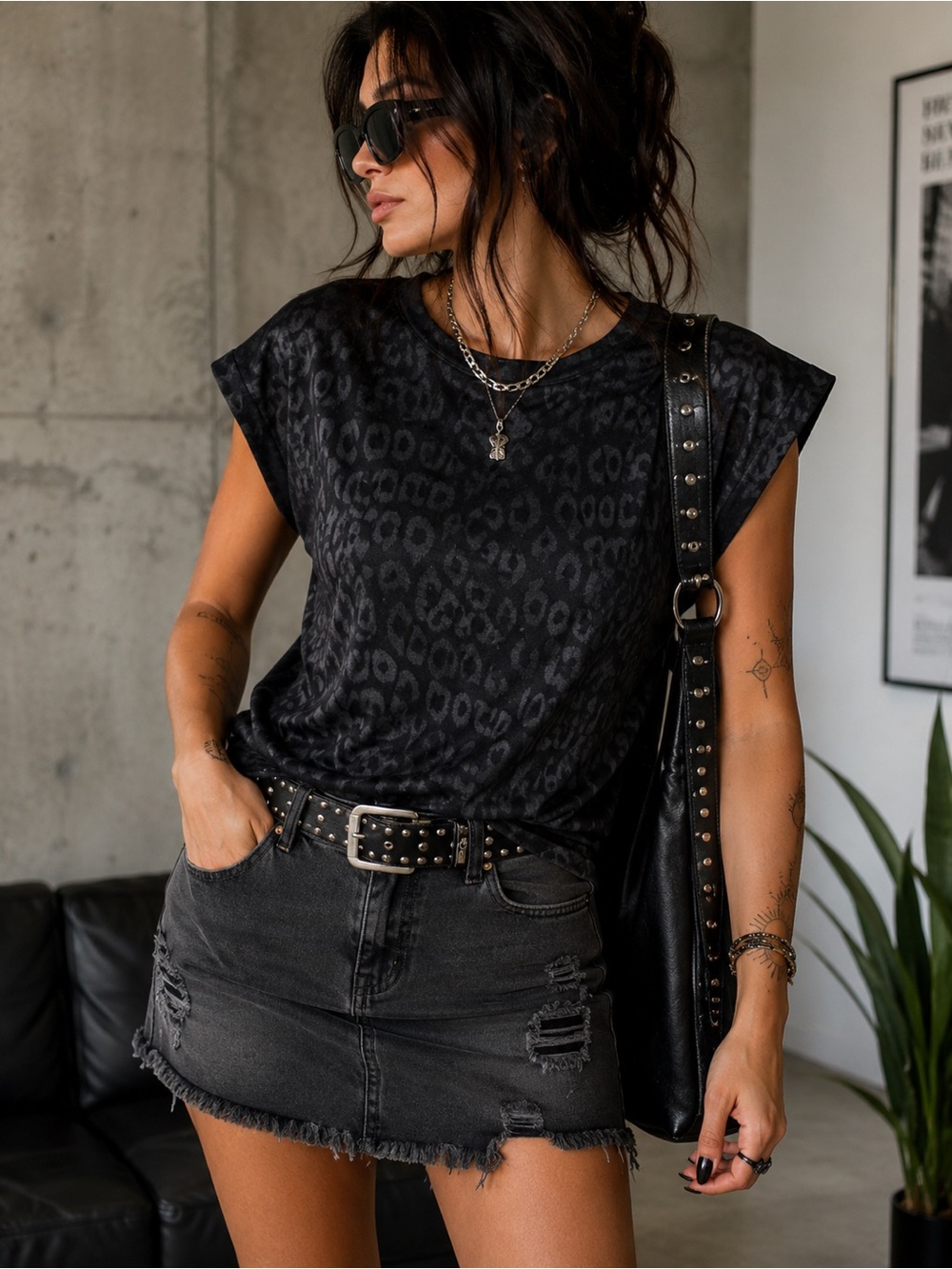 SHEIN Black Leopard Print Cap Sleeve Tank Top